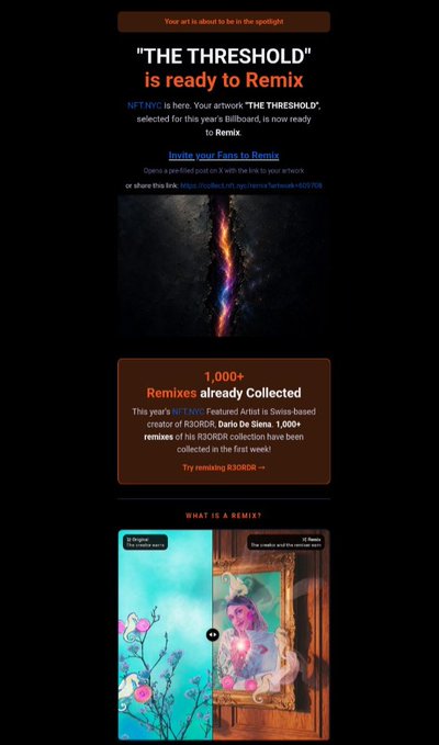 An NFTNYC notification informs the artist that their work 'THE THRESHOLD' is ready to remix, noting over 1,000 remixes have already been collected during R3D8R with 1,000+ remixers including Dario De Siena.