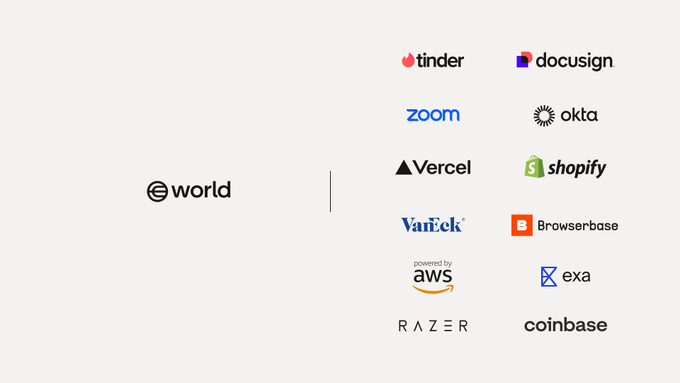 The image features a white background with various logos of different companies, including "Tinder", "Zoom", "Docusign", "Vercel", "Okta", "Shopify", "Vaneck", "Browser base", "AWS", and "RAZER". The text in the image reads: 
"The most undervalued Cryptocurrency in the space. @sama growing $WLD fast. They continue to onboard massive companies."