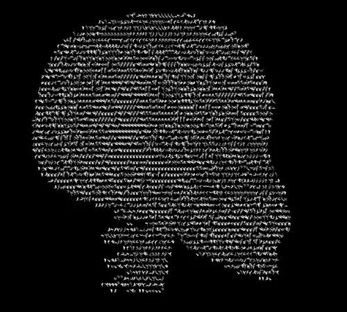 A typographic portrait of a man (resembling Tyler Durden/Brad Pitt) formed entirely from lines of small white text on a black background, with the word 'F' visible below.