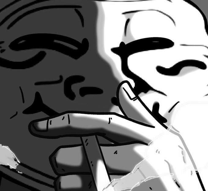 A black and white close-up cartoon drawing of a man's face as he smokes a cigarette, with smoke drifting upward.