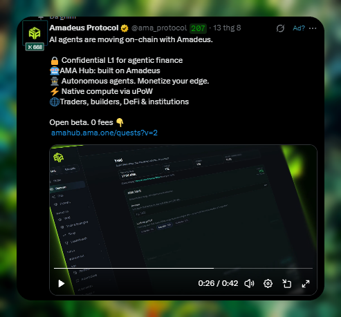 A screenshot of an X post by Amadeus Protocol (@ama_protocol) promoting on-chain AI agents, featuring AMA Hub and links to amahub.ama.one/quests?v=2.
