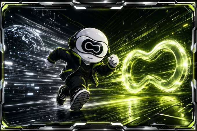 A stylized illustration shows an astronaut-like character running through a futuristic sci-fi environment with bright green neon lighting and a glowing infinity symbol.