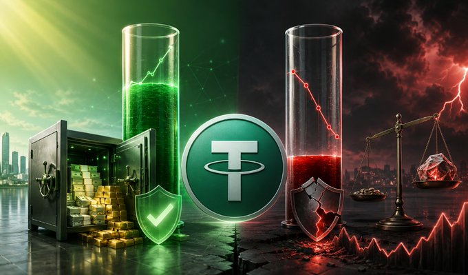 A stylized graphic depicting USDT (Tether) in the center, flanked by a green side showing a safe full of gold with rising charts and a checkmark shield, and a red side showing falling charts, scales, and a broken shield.