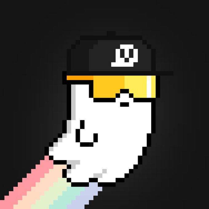 A pixel art illustration of a white character wearing a black cap with a white symbol, yellow/orange VR goggles or visor, and a rainbow-colored outfit against a dark background.
