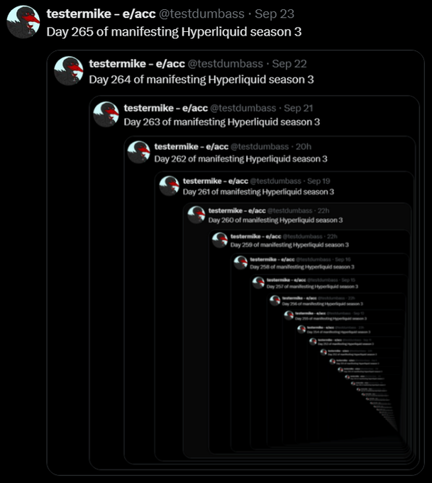 A recursive 'inception-style' tweet from @testdumbass showing nested tweets of 'testermike - e/acc' counting down daily posts like 'Day 265 of manifesting Hyperliquid season 3', 'Day 264...', etc.