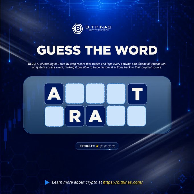 A 'Guess the Word' puzzle from BitPinas with the clue describing a chronological activity log; the filled letters spell 'A', 'R', 'A' with a 'T' shown on top.