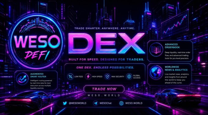 A promotional website for the cryptocurrency DEX that features a colorful neon background featuring the text "WESO DEX" and "Trade Smart! Trade Now!" The site also provides information about trading options, fees, and trading platforms.