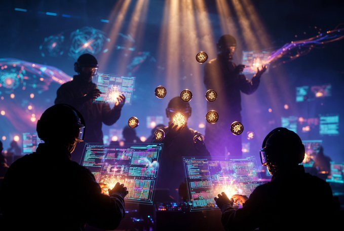 A group of figures work at glowing holographic interfaces surrounded by floating tokens displaying "QUIP" symbols, illustrating the post's theme of the QUIP token functioning as the incentive and compute credit layer powering the decentralized quantum network on QuipNetwork.