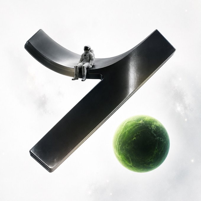 A surreal digital artwork featuring a small astronaut sitting on a large black number '7' alongside a green planet in space.