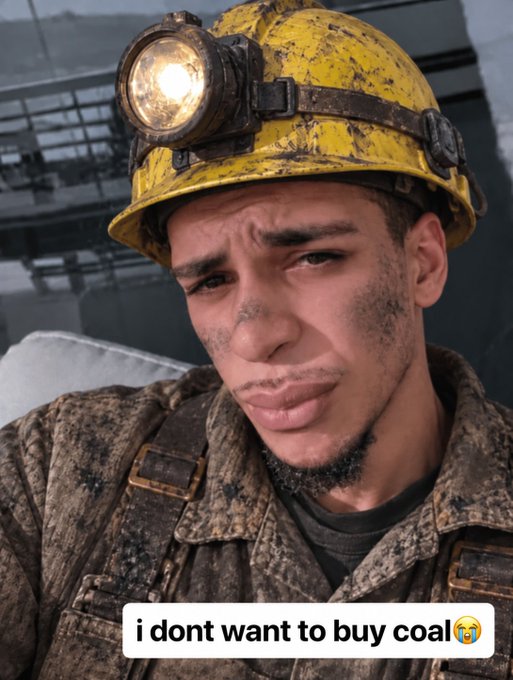 A coal miner with a dirty face and yellow hard hat with a headlamp looks sad and disappointed, with a caption reading "i dont want to buy coal" accompanied by a crying emoji. The image humorously personifies the miner's reluctance to sell his product, playing on the post's plea of "pls no more coal" to suggest both the miner and consumers are tired of coal.