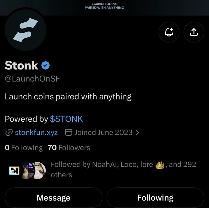 The image shows a Twitter/X profile for "Stonk" (@LaunchOnSF), described as "Launch coins paired with anything" and "Powered by $STONK," with the account displaying 70 followers and joined in June 2023, illustrating the comeback referenced in the post about the account returning after going inactive.