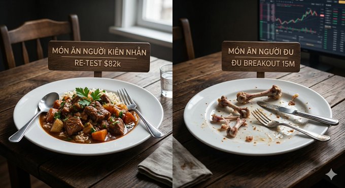 A split-image meme comparing two plates of food on wooden tables: the left shows a full meal labeled 'MÓN ĂN NGƯỜI KIÊN NHẪN RE-TEST $82k', while the right shows picked-clean bones labeled 'MÓN ĂN NGƯỜI DỰ ĐU BREAKOUT 15M'.