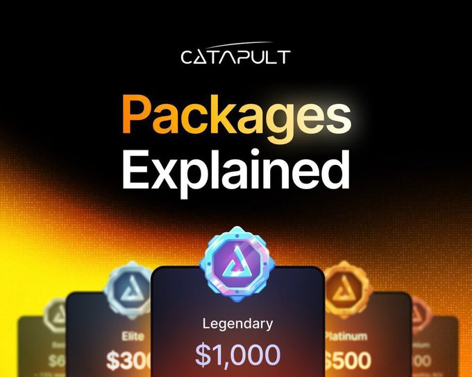 The image features a "Packages Explained" graphic for Catapult (@letsCatapult), displaying tiered investment options with a featured "Legendary" package priced at $1,000 and a glowing award badge. The visible packages partially match the post's breakdown, showing "Elite" at $300 and "Platinum" alongside the Legendary tier.
