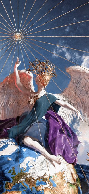 Renaissance-style painting of a crowned angel with large wings holding golden chains connected to a radiant sun, standing above a globe.