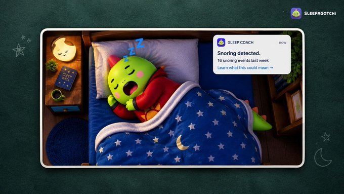 An illustration of a green Sleepagotchi creature sleeping under a starry blue blanket, with a notification reading 'SLEEP COACH Snoring detected. 16 snoring events last week'.