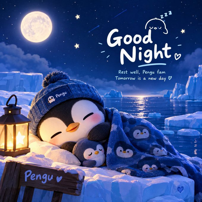 A cute 'Good Night' illustration featuring a sleeping penguin wearing a blue beanie labeled 'Pengu' and blanket with penguin prints, resting on an ice ledge by water under a full moon, with text: 'Good Night - Rest well, Pengu fam - Tomorrow is a new day' and a wooden sign reading 'Pengu'.