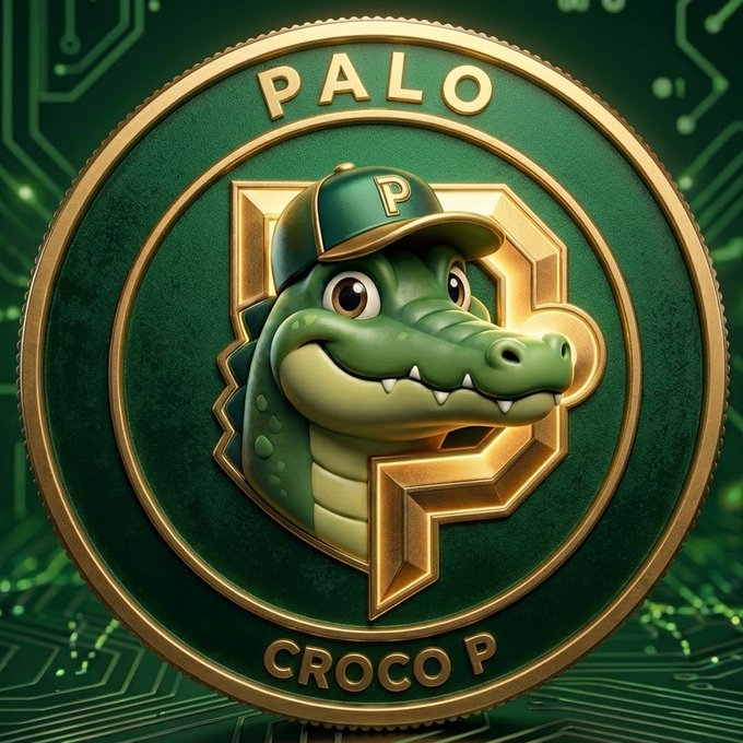 A 3D-rendered crypto coin design featuring a cartoon crocodile mascot wearing a green 'P' baseball cap, with 'PALO' on top and 'CROCO P' on the bottom, set against a green circuit board background.