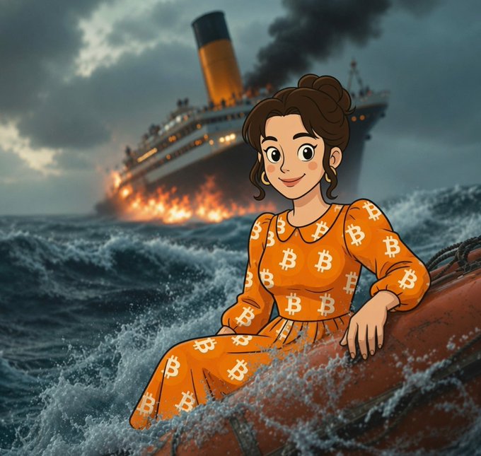 A cartoon-style illustration depicts a woman in an orange dress covered in Bitcoin 'B' symbols sitting calmly on a red object in stormy seas, with a burning ocean liner sinking in the background, suggesting a crypto-themed 'Titanic' parody.