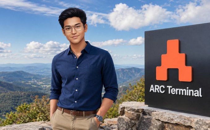 A man in a blue shirt and glasses standing on a mountain overlook with an 'ARC Terminal' sign featuring an orange 'A' logo displayed beside him.