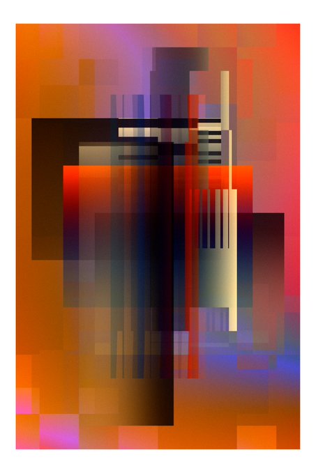 An abstract digital artwork composed of overlapping rectangular shapes and color blocks in warm orange, red, pink, and contrasting dark tones of black, navy blue, and cream.
