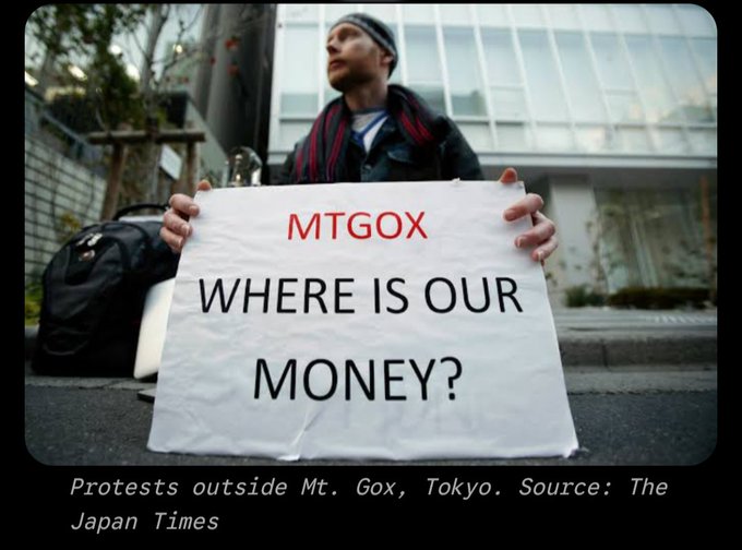 A protester holds a sign reading 'MTGOX WHERE IS OUR MONEY?' outside Mt. Gox in Tokyo, sourced from The Japan Times.