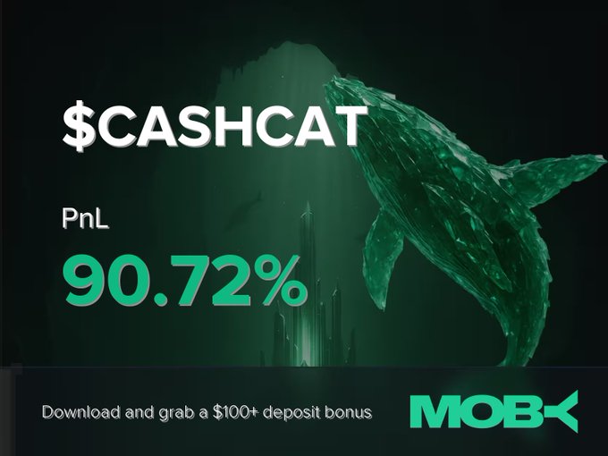 A promotional graphic for Moby features a green whale emerging from an underwater cave, displaying a "$CASHCAT" win alert with a PnL of 90.72% and an offer to "Download and grab a $100+ deposit bonus." The image visually celebrates the trader's profitable close on the $CASHCAT token, matching the post's announcement of the +90.72% gain.