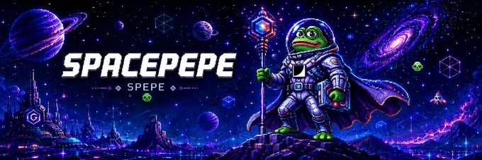 A pixel-art frog astronaut in a space suit holding a glowing staff stands on an alien planet, with the text "SPACEPEPE" and ticker "$PEPE" displayed against a cosmic backdrop of planets, galaxies, and futuristic cityscapes, promoting the meme coin's launch.