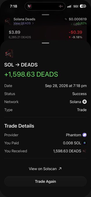 A mobile screenshot showing a successful Phantom wallet trade on the Solana network, exchanging 0.008 SOL for 1,598.63 DEADS tokens.