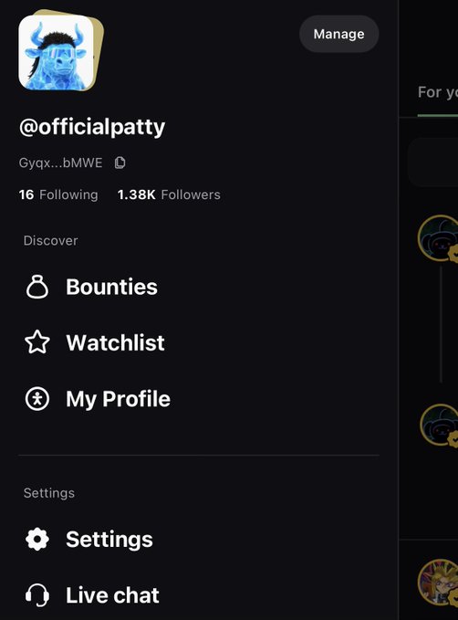 The image shows a social media profile sidebar for "@officialpatty" with 1.38K followers and 16 following, displaying navigation options like Bounties, Watchlist, My Profile, Settings, and Live chat. The profile relates to the post's milestone celebration as the user appears to be approaching their 10,000 follower goal on the platform.
