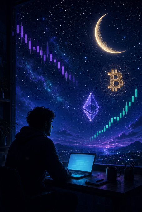 A silhouetted person sits at a desk with a laptop, gazing out a large window at a night sky displaying glowing Bitcoin and Ethereum logos alongside purple and green cryptocurrency candlestick charts.