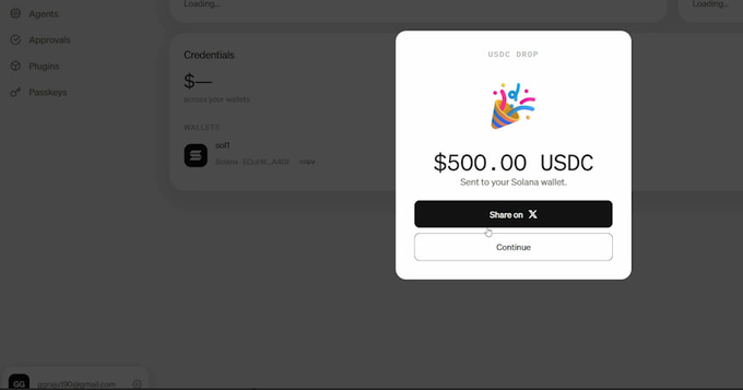 A modal popup displaying a "USDC DROP" of $500.00 USDC from MoonPay, offering options to "Share on X" or "Continue" alongside a wallet credential for "sol1" on the Solana network. The image illustrates the MoonPay PayBox $500 USDC reward claim described in the accompanying post.