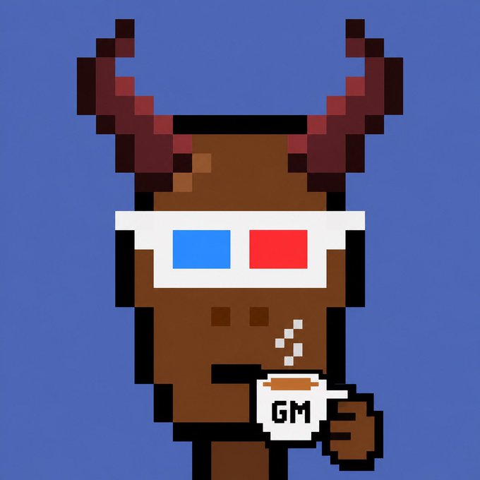 A pixel art character with brown skin wearing red devil horns and 3D glasses (one blue, one red lens), holding a white mug labeled 'GM' against a blue background.