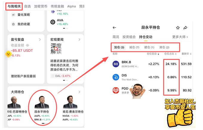 A screenshot of a Chinese-language financial app shows portfolio tracking features, with a red arrow pointing to holding details for '段永平持仓' (Duan Yongping's holdings), which includes stocks BRK.B, DIS, and PDD, with portfolio ratios of 24.18%, 0.86%, and 9.99% respectively.