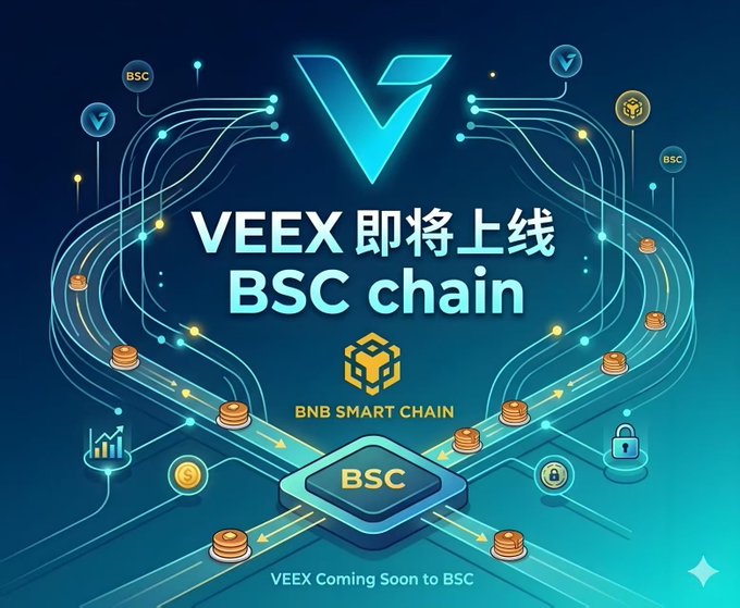 A promotional graphic featuring a glowing "V" logo and the text "VEEX 即将上线 BSC chain" (VEEX Coming Soon to BSC) alongside the BNB Smart Chain emblem, with stylized coin icons and circuit-like pathways converging on a central "BSC" hub, visually announcing VEEX's upcoming launch on the Binance Smart Chain. The design reinforces the post's message of VEEX's long-term construction and June 30th launch, with flowing technological motifs symbolizing the re-established 300 BNB liquidity and renewed consensus around the project.