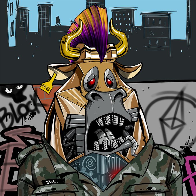 A digital illustration of an anthropomorphic bull character with a purple and orange mohawk, mechanical jaw, and military camouflage jacket, set against a graffiti-covered urban backdrop.
