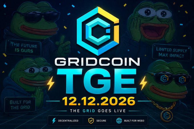 Promotional graphic for the GridCoin TGE on 12.12.2026, featuring four Pepe-style frog characters with text banners reading "THE FUTURE IS OURS," "LIMITED SUPPLY MAX IMPACT," and "BUILT FOR THE GRID," alongside a central hexagonal logo and footer tags "DECENTRALIZED," "SECURE," and "BUILT FOR WEB3" to hype the upcoming token generation event.