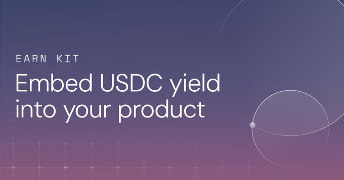 A purple gradient promotional graphic displays the text 'EARN KIT' and 'Embed USDC yield into your product' with abstract circular line designs.
