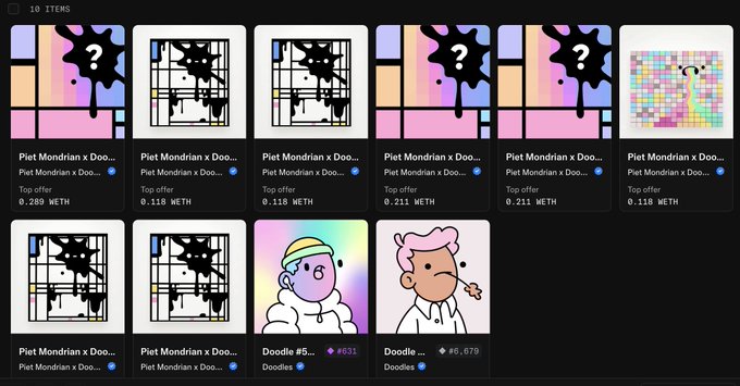 The image shows a collection of nine different NFTs, each featuring unique art styles and themes. The NFTs are displayed in a grid format against a black background, making them stand out prominently. One of the NFTs has a question mark over its artwork, which could be interpreted as an invitation for viewers to engage with the piece or speculate about its meaning. The post also mentions that these artworks were created by @doodles and @elmonxOfficial, highlighting their collaboration in bringing this collection together.