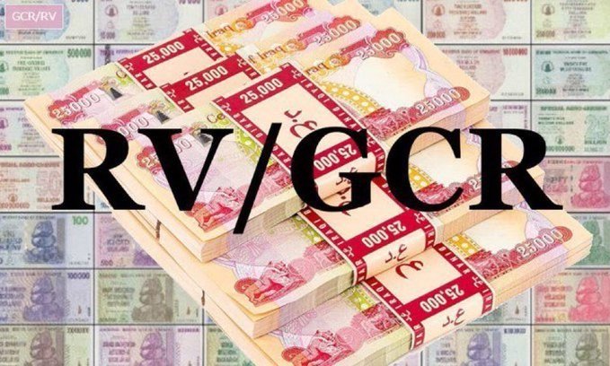 The image displays stacks of Vietnamese Dong (₫25,000) banknotes alongside various global currencies, overlaid with bold "RV/GCR" text, symbolizing currency revaluation and global currency reset as discussed in the post about post-reset money values and stablecoin integration with the Quantum Financial System.