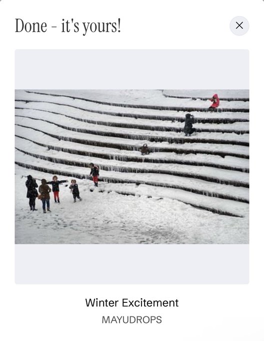 A digital NFT purchase confirmation screen displays a photograph titled 'Winter Excitement' by MAYUDROPS, showing children playing on terraced, snow-covered steps.