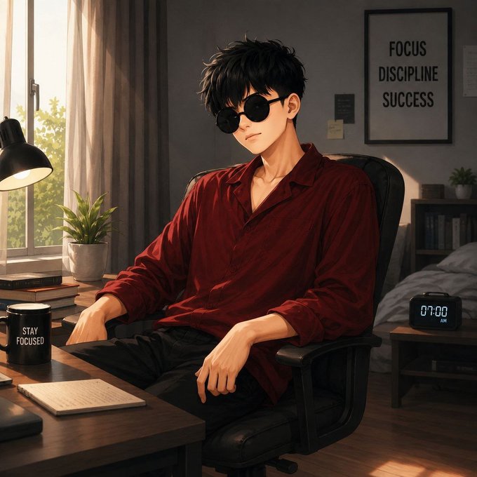 An anime-style illustration of a young man with messy black hair wearing sunglasses and a maroon shirt, sitting in a dark room with motivational posters reading 'FOCUS DISCIPLINE SUCCESS' and 'STAY FOCUSED' on his coffee mug.