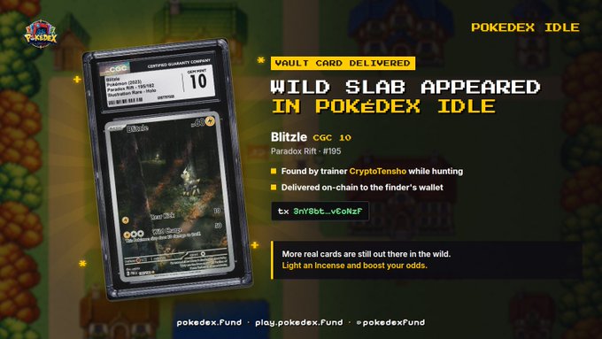 Promotional graphic for Pokedex Idle announcing a 'VAULT CARD DELIVERED' featuring a graded CGC 10 Paradox Rift Blitzle card, marketed by pokedex.fund.