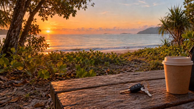 A scenic view of a sunset over the ocean is seen from a wooden table holding keys and a paper coffee cup.