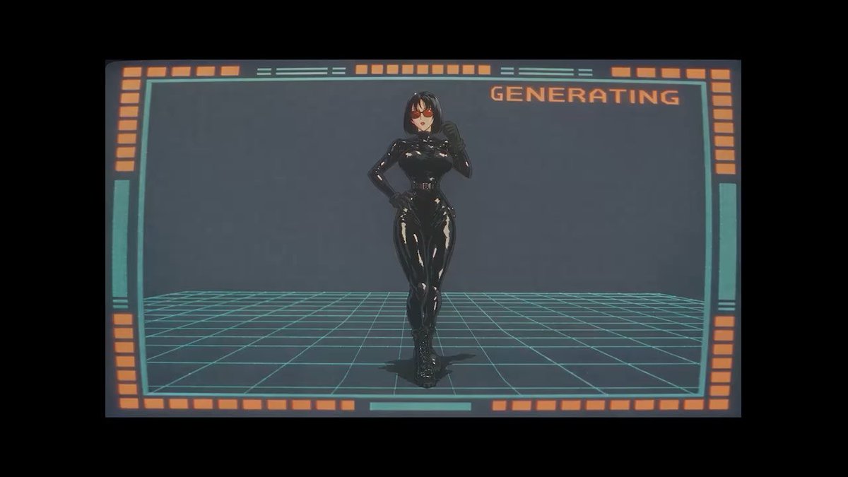 A retro-style digital illustration of a woman in a black bodysuit standing on a grid floor, with the word "GENERATING" displayed in orange text.