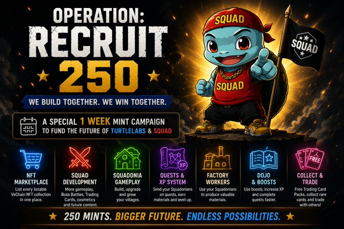 A promotional graphic titled "OPERATION: RECRUIT 250" featuring a blue turtle character wearing a red "SQUAD" cap, advertising a mint campaign with various features listed below.