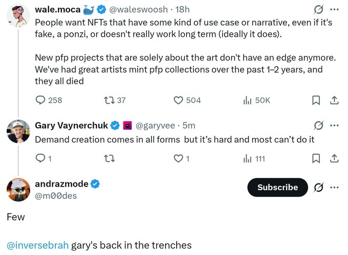 A screenshot of a Twitter thread discussing NFTs, featuring tweets from wale.moca (@waleswoosh), Gary Vaynerchuk (@garyvee), and andrazmode (@m00des) discussing demand creation and PFP projects.