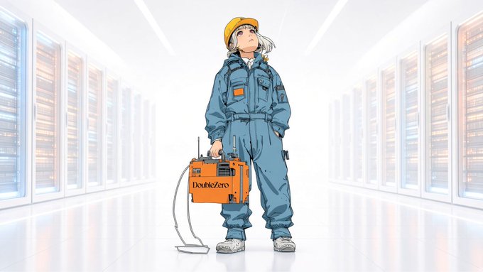 An anime-style engineer in blue coveralls and a yellow hard hat stands in a bright server farm corridor, holding an orange toolbox labeled "DoubleZero." The imagery of a worker maintaining high-tech infrastructure reinforces the post's message about DoubleZero being a newly built, purpose-engineered internet foundation designed for the speed demands of modern decentralized finance.