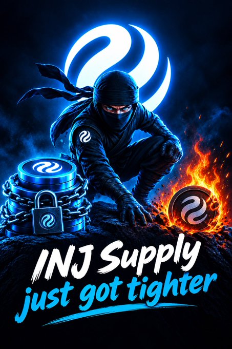 A promotional graphic featuring a ninja figure with the Injective logo, showing locked tokens in chains on one side and a burning coin on the other, with text 'INJ Supply just got tighter'.