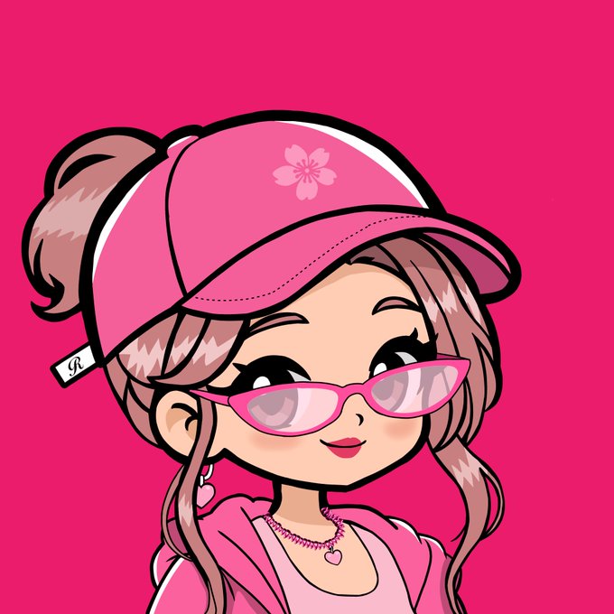 A cartoon chibi-style illustration of a girl wearing a pink cap with a cherry blossom, pink sunglasses, and a pink outfit against a bright pink background.