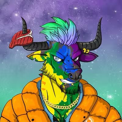 A colorful digital illustration of a horned bull-like character with rainbow-colored fur (green, blue, yellow, purple) and a turquoise mane, wearing a red headpiece and orange puffer vest against a starry purple background.